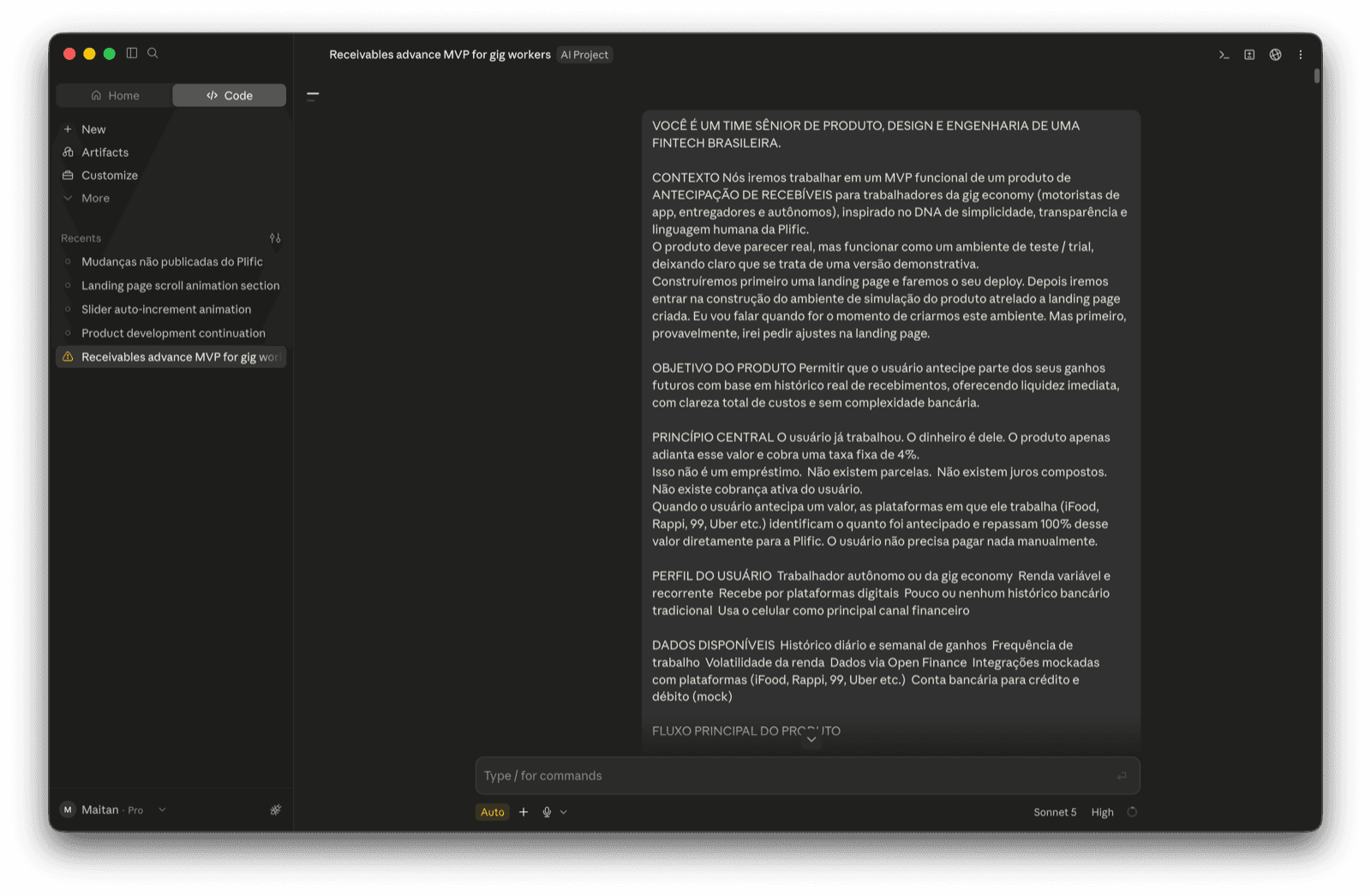 Claude Code chat showing the structured product briefing prompt for the Plific rebuild