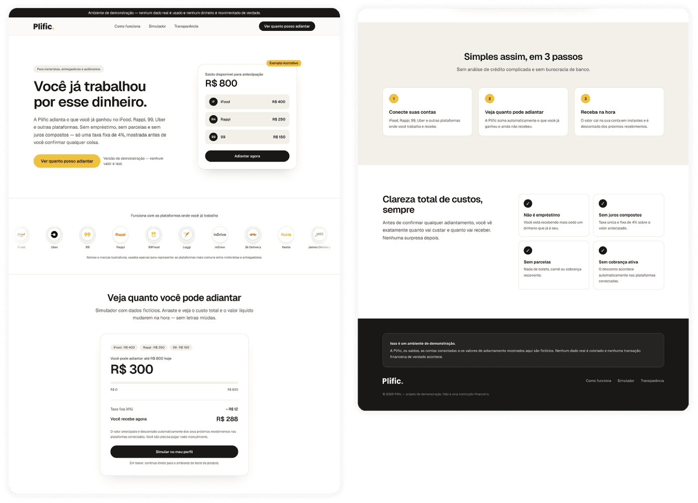 First AI-generated version of the Plific landing page, dark hero and a cost breakdown card