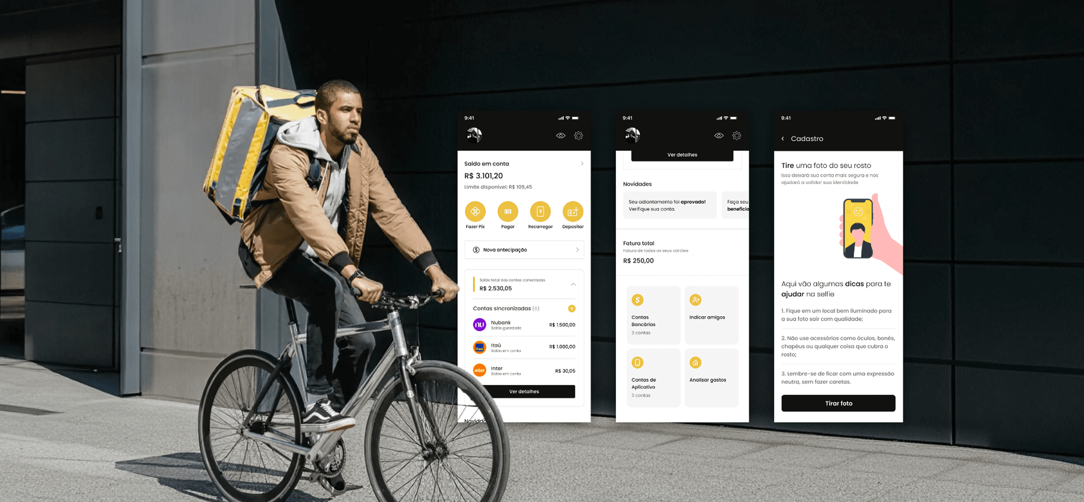 Delivery worker on a bike in front of an office building, with three Plific app screens overlaid