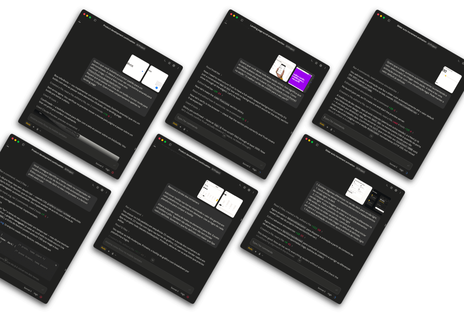 Six tilted screenshots of Claude Code sessions iterating on animations, tooltips and dark mode