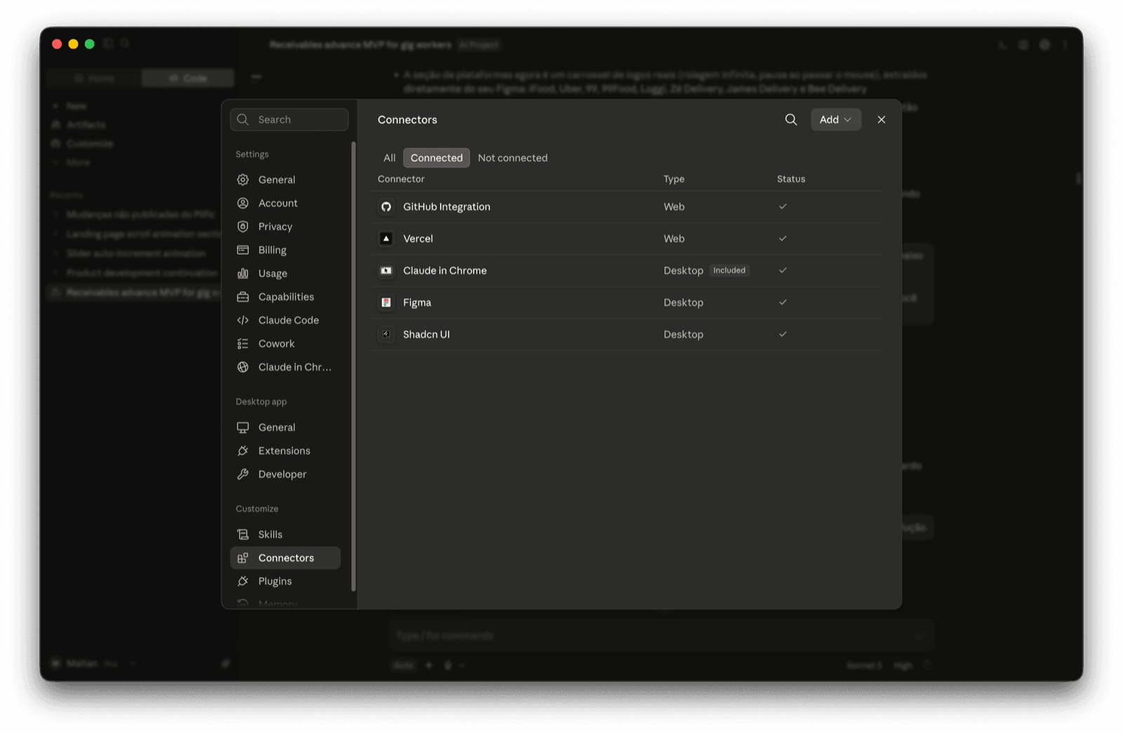 Claude Code connectors panel showing GitHub, Vercel, Figma and Claude in Chrome connected
