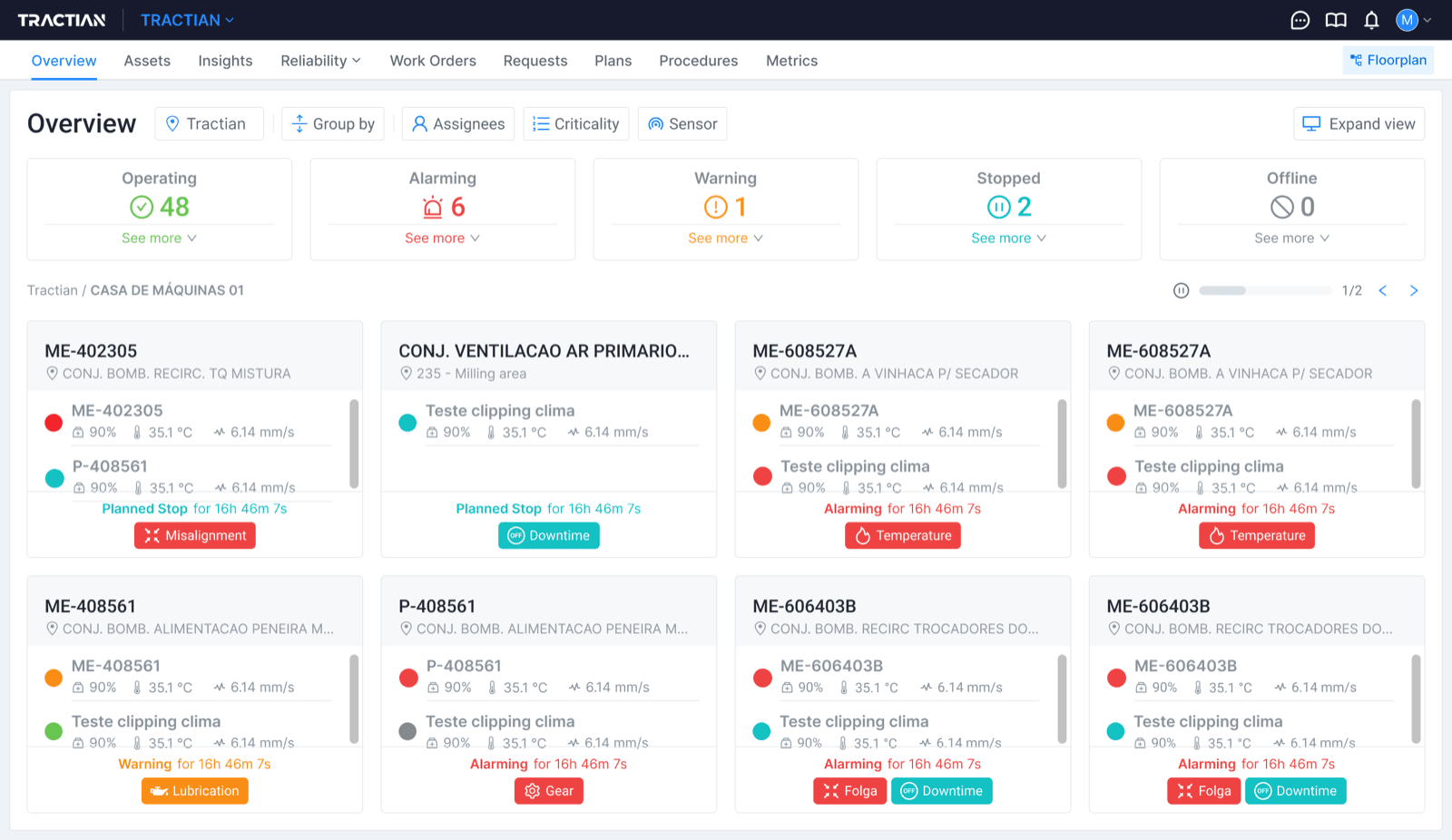Legacy Tractian Overview page listing equipment by status